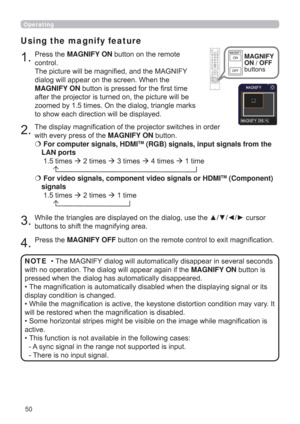 Page 5050
Operating

Using the magnify feature



3UHVVWKHMAGNIFY ONEXWWRQRQWKHUHPRWH
FRQWURO
7KHSLFWXUHZLOOEHPDJQL