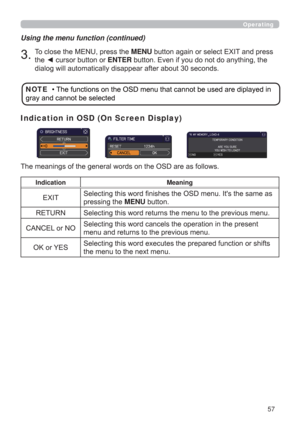 Page 5757
Operating
Using the menu function (continued)
7RFORVHWKH0(18SUHVVWKHMENUEXWWRQDJDLQRUVHOHFW(;,7DQGSUHVV
WKH{FXUVRUEXWWRQRUENTEREXWWRQ(YHQLI\RXGRQRWGRDQ\WKLQJWKH

Indication in OSD (On Screen Display)

Indication Meaning
(;,7
SUHVVLQJWKHMENUEXWWRQ
5(7851 6HOHFWLQJWKLVZRUGUHWXUQVWKHPHQXWRWKHSUHYLRXVPHQX
&$1&(/RU12
PHQXDQGUHWXUQVWRWKHSUHYLRXVPHQX
2.RU