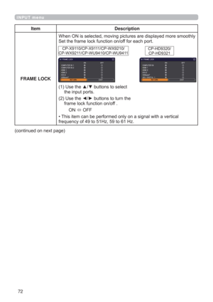 Page 7272
INPUT menu
Item Description
FRAME LOCK\
6HWWKHIUDPHORFNIXQFWLRQRQRIIIRUHDFKSRUW
8VHWKHxzEXWWRQVWRVHOHFW
WKHLQSXWSRUWV
8VHWKH{yEXWWRQVWRWXUQWKH
IUDPHORFNIXQFWLRQRQRII
21
2))
