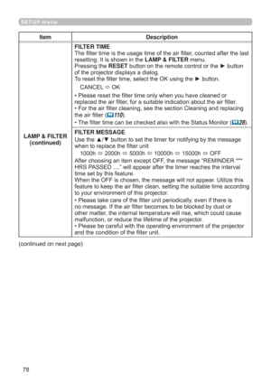 Page 78
SETUP menu
Item Description
LAMP & FILTER
(continued)
FILTER TIME 
7KH