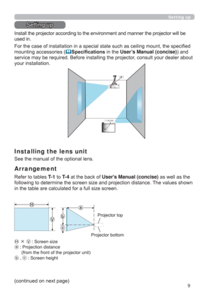 Page 99
Setting up
6HWWLQJXS
KHSURMHFWRUZLOOEH
XVHGLQ
PRXQWWKHVSHFL¿HG
PRXQWLQJDFFHVVRULHV
6SHFL¿FDWLRQVLQWKHUser’s Manual (concise)DQG
VHUYLFHPD\EHUHTXLUHG%HIRUHLQVWDOOLQJWKHSURMHFWRUFRQVXOW\RXUGHDOHUDERXW
\RXULQVWDOODWLRQ
Arrangement
5HIHUWRWDEOHVT-1WRT- 4DWWKHEDFNRIUsers Manual (concise) DVZHOODVWKH
7KHYDOXHVVKRZQ

(j