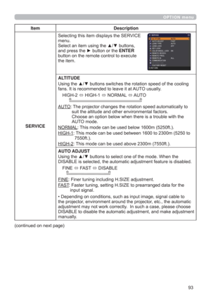 Page 93
OPTION menu
Item Description
SERVICE6HOHFWLQJWKLVLWHPGLVSOD\VWKH6(59,&(
PHQX
6HOHFWDQLWHPXVLQJWKHxzEXWWRQV
DQGSUHVVWKHyEXWWRQRUWKHENTER
EXWWRQRQWKHUHPRWHFRQWUROWRH[HFXWH
WKHLWHP
ALTITUDE
J
IDQV,WLVUHFRPPHQGHGWROHDYHLWDW$872XVXDOO\
+,*+
+,*+
1250$/
$ 8 72 
$872


$872PRGH
1250$/7KLVPRGHFDQEHXVHGEHORZPIW
+,*+
IW
+,*+7KLVPRGHFDQEHXVHGDERYHPIW
AUTO ADJUST

HG
),1(
)$67...