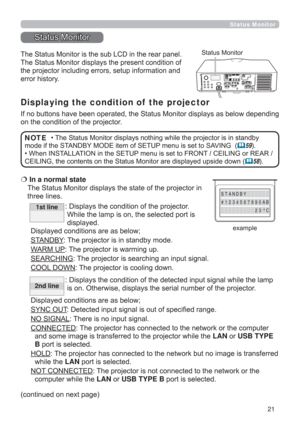 Page 2121
  In a normal state  
The Status Monitor displays the state of the projector in 
three lines.
:  Displays the condition of the projector. 
While the lamp is on, the selected port is 
displayed.
Displayed conditions are as below;
STANDBY: The projector is in standby mode.
WARM UP: The projector is warming up.
SEARCHING: The projector is searching an input signal.
COOL DOWN:  The projector is cooling down.
:  Displays the condition of the detected input signal while the lamp 
is on. Otherwise, displays...