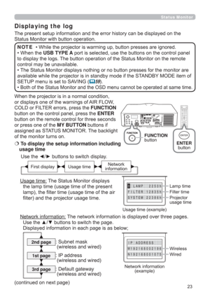 Page 2323
Status Monitor  
When the projector is in a normal condition, 
or displays one of the warnings of AIR FLOW, 
COLD or FILTER errors, press the FUNCTION 
button on the control panel, press the ENTER 
button on the remote control for three seconds 
or press one of the MY BUTTON buttons if 
assigned as STATUS MONITOR. The backlight 
of the monitor turns on.
  To display the setup information including 
usage time
Use the ◄/► buttons to switch display. 
    
  
Usage time: The Status Monitor displays 
the...