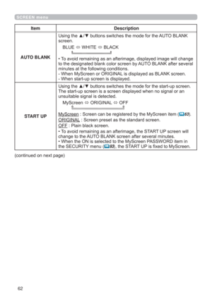 Page 6262
SCREEN menu
Item Description
AUTO BLANKUsing the ▲/▼ buttons switches the mode for the AUTO BLANK 
screen.
BLUE 
 WHITE 
 BLACK
       
• To avoid remaining as an afterimage, displayed image will change
to the designated blank color screen by AUTO BLANK after several
minutes at the following conditions.
- When MyScreen or ORIGINAL is displayed as BLANK screen.
- When start-up screen is displayed.
START UP
Using the ▲/▼ buttons switches the mode for the start-up screen.
The start-up screen is a...