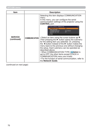 Page 7676
OPTION menu
Item Description
SERVICE
(continued)
COMMUNICATION
Selecting this item displays COMMUNICATION 
menu. 
In this menu, you can conﬁgure the serial 
communication settings of the projector using the 
CONTROL port.
• Select an item using the cursor buttons ▲/▼. 
Then pressing the ► button opens the submenu 
for the setting item you selected. Or, pressing 
the ◄ button instead of the ► button makes the 
menu back to the previous one without changing 
the setup. Each submenu can be operated as...