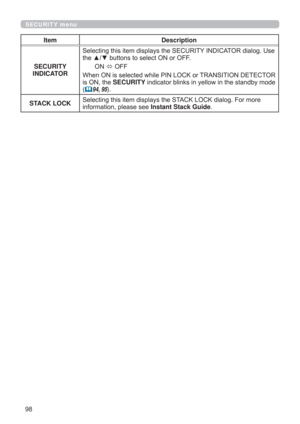 Page 9898
SECURITY menu
Item Description
SECURITY 
INDICATORSelecting this item displays the SECURITY INDICATOR dialog. Use 
the ▲/▼ buttons to select ON or OFF.
ON 
 OFF
When ON is selected while PIN LOCK or TRANSITION DETECTOR 
is ON, the SECURITY indicator blinks in yellow in the standby mode 
(
94, 95).
STACK LOCKSelecting this item displays the STACK LOCK dialog. For more 
information, please see Instant Stack Guide. 