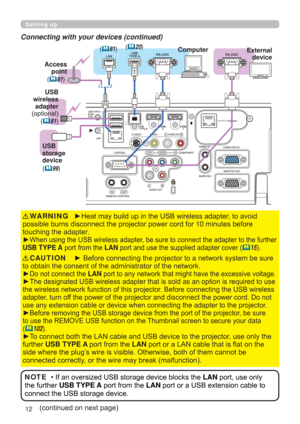 Page 1212
Setting up
Connecting with your devices (continued)
(continued on next page)
• If an oversized USB storage device blocks the LAN port, use only 
the further USB TYPE A port from the LAN port or a USB extension cable to 
connect the USB storage device.NOTE
► Before connecting the projector to a network system be sure 
to obtain the consent of the administrator of the network.
►
Do not connect the LAN port to any network that might have the excessive voltage.
►The designated USB wireless adapter that is...