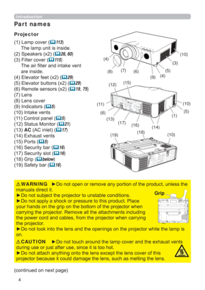 Page 44
Introduction
Par t names
Projector
(1) Lamp cover (
11 3)
The lamp unit is inside.
(2) Speakers (x2) (
26, 60)
(3) Filter cover (
11 5)
The air ﬁ lter and intake vent
are inside.
(4) Elevator feet (x2) (
29)
(5) Elevator buttons (x2) (
29)
(6) Remote sensors (x2) (
19, 75)
(7) Lens
(8) Lens cover
(9) Indicators (
5)
(10) Intake vents
(11) Control panel (
5)
(12)  Status Monitor (
21)
(13) AC (AC inlet) (
17)
(14) Exhaust vents
(15) Ports (
5)
(16) Security bar (
16)
(17) Security slot (...