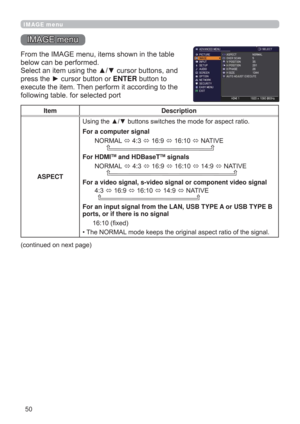 Page 5050
IMAGE menu
IMAGE menu
From the IMAGE menu, items shown in the table 
below can be performed.
Select an item using the ▲/▼ cursor buttons, and 
press the ► cursor button or ENTER button to 
execute the item. Then perform it according to the 
following table. for selected port   
Item Description
ASPECTUsing the ▲/▼ buttons switches the mode for aspect ratio. 
For a computer signal
 NORMAL 
 4:3 
 16:9 
 16:10 
 NATIVE 
       
For HDMI
TM and HDBaseTTM signals
 NORMAL 
 4:3 
 16:9 
 16:10 
...