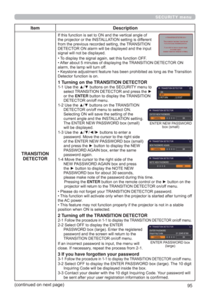 Page 9595
SECURITY menu
Item Description
TRANSITION 
DETECTOR
If this function is set to ON and the vertical angle of 
the projector or the INSTALLATION setting is different 
from the previous recorded setting, the TRANSITION 
DETECTOR ON alarm will be displayed and the input 
signal will not be displayed.
• To display the signal again, set this function OFF.
• After about 5 minutes of displaying the TRANSITION DETECTOR ON 
alarm, the lamp will turn off.
• Keystone adjustment feature has been prohibited as long...