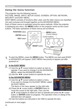 Page 32
Operating
7RVWDUWWKH0(18SUHVVWKHMENUEXWWRQ7KH0(18\RXODVWXVHG($6