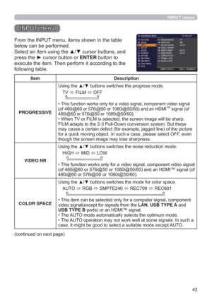 Page 43
INPUT menu
,1387PHQX
)URPWKH,1387PHQXLWHPVVKRZQLQWKHWDEOH
EHORZFDQEHSHUIRUPHG
6HOHFWDQLWHPXVLQJWKHxzFXUVRUEXWWRQVDQG
SUHVVWKHyFXUVRUEXWWRQRUENTEREXWWRQWR
H[HFXWHWKHLWHP7KHQSHUIRUPLWDFFRUGLQJWRWKH
IROORZLQJWDEOH
Item Description
PROGRESSIVE8VLQJWKHxzEXWWRQVVZLWFKHVWKHSURJUHVVPRGH
79
),/0
2))

‡JQDO
RIL#RUL#RUL#DQGDQ+0,70VLJQDORI
L#RUL#RUL#
