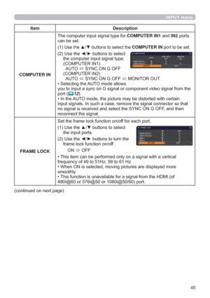 Page 4545
INPUT menu
Item Description
COMPUTER IN7KHFRPSXWHULQSXWVLJQDOW\SHIRUCOMPUTER IN1DQGIN2SRUWV
FDQEHVHW

8VHWKHxzEXWWRQVWRVHOHFWWKHCOMPUTER INSRUWWREHVHW
8VHWKH{yEXWWRQVWRVHOHFW
WKHFRPSXWHULQSXWVLJQDOW\SH
&20387(5,1
$872
6