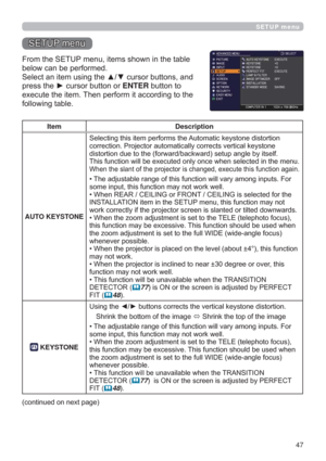 Page 4747
SETUP menu
6(783PHQX
)URPWKH6(783PHQXLWHPVVKRZQLQWKHWDEOH
EHORZFDQEHSHUIRUPHG
6HOHFWDQLWHPXVLQJWKHxzFXUVRUEXWWRQVDQG
SUHVVWKHyFXUVRUEXWWRQRUENTEREXWWRQWR
H[HFXWHWKHLWHP7KHQSHUIRUPLWDFFRUGLQJWRWKH
IROORZLQJWDEOH
Item Description
AUTO KEYSTONE 6HOHFWLQJWKLVLWHPSHUIRUPVWKH$XWRPDWLFNH\VWRQHGLVWRUWLRQ


HQX
RQDJDLQ
