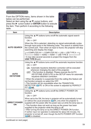 Page 5959
OPTION menu
237,21PHQX
)URPWKH237,21PHQXLWHPVVKRZQLQWKHWDEOH
EHORZFDQEHSHUIRUPHG
6HOHFWDQLWHPXVLQJWKHxzFXUVRUEXWWRQVDQG
SUHVVWKHyFXUVRUEXWWRQRUENTEREXWWRQWRH[HFXWH
WKHLWHP7KHQSHUIRUPLWDFFRUGLQJWRWKHIROORZLQJ
WDEOH
Item Description
AUTO SEARCH
8VLQJWKHxzEXWWRQVWXUQVRQRIIWKHDXWRPDWLFVLJQDOVHDUFK
IXQFWLRQ
21
2))
HV
WKURXJKLQSXWSRUWVLQWKHIROORZLQJRUGHU7KHVHDUFKLVVWDUWHGIURP...