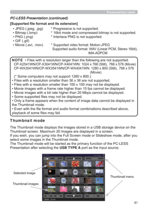 Page 8181
Presentation tools
SRUWHG
&3;:1&3;:1&3;:1[6WLOO|[0RYLH
&3:;:1&3:;:1&3:;:1[6WLOO|[
0RYLH

6RPHFRPSXWHUVPD\QRWVXSSRUW[
G
SOD\HG
LVSOD\HG
VSOD\HG
‡6RPHVXSSRUWHG¿OHVPD\QRWEHGLVSOD\HG
GLVSOD\HGLQ
WKH7KXPEQDLOPRGH
EHGDERYH
SOD\EDFNRIVRPH¿OHVPD\IDLO NOTE >6XSSRUWHG¿OHIRUPDWDQGLWVH[WHQVLRQ@
