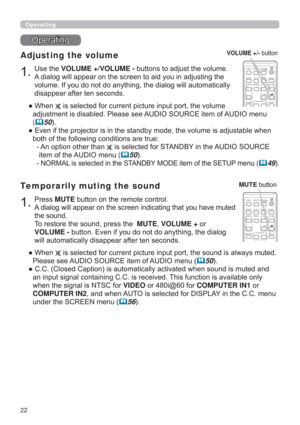 Page 2222
2SHUDWLQJ

Adjusting the volume
8VHWKHVOLUME +VOLUME -EXWWRQVWRDGMXVWWKHYROXPH
$GLDORJZLOODSSHDURQWKHVFUHHQWRDLG\RXLQDGMXVWLQJWKH
\
GLVDSSHDUDIWHUWHQVHFRQGV
”:KHQ

DGMXVWPHQWLVGLVDEOHG3OHDVHVHH$8,26285&(LWHPRI$8,2PHQX
(
50
”XVWDEOHZKHQ
ERWKRIWKHIROORZLQJFRQGLWLRQVDUHWUXH
$QRSWLRQRWKHUWKDQ
LVVHOHFWHGIRU67$1%