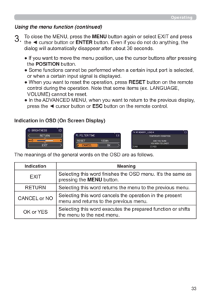 Page 33
Using the menu function (continued)
7RFORVHWKH0(18SUHVVWKHMENUEXWWRQDJDLQRUVHOHFW(;,7DQGSUHVV
WKH{FXUVRUEXWWRQRUENTEREXWWRQ(YHQLI\RXGRQRWGRDQ\WKLQJWKH

”IWHUSUHVVLQJ
WKHPOSITIONEXWWRQ
”VHOHFWHG
RUZKHQDFHUWDLQLQSXWVLJQDOLVGLVSOD\HG
”:KHQ\RXZDQWWRUHVHWWKHRSHUDWLRQSUHVVRESETEXWWRQRQWKHUHPRWH
(
92/80(FDQQRWEHUHVHW
”,QWKH$9$1&(0(18ZKHQ\RXZDQWWRUHWXUQWRWKHSUHYLRXVGLVSOD\...