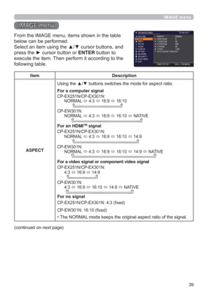 Page 39
IMAGE menu
,0$*(PHQX
)URPWKH,0$*(PHQXLWHPVVKRZQLQWKHWDEOH
EHORZFDQEHSHUIRUPHG
6HOHFWDQLWHPXVLQJWKHxzFXUVRUEXWWRQVDQG
SUHVVWKHyFXUVRUEXWWRQRUENTEREXWWRQWR
H[HFXWHWKHLWHP7KHQSHUIRUPLWDFFRUGLQJWRWKH
IROORZLQJWDEOH
Item Description
ASPECT 
For a computer signal
&3(;1&3(;1
1250$/




&3(:1
1250$/



1$7,9(

For an HDMITM signal
&3(;1&3(;1...