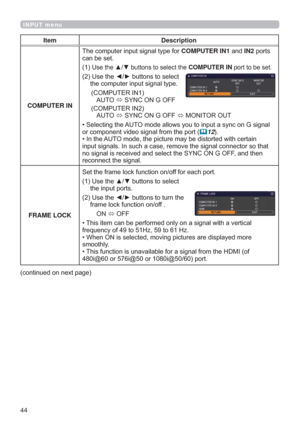 Page 4444
INPUT menu
Item Description
COMPUTER IN7KHFRPSXWHULQSXWVLJQDOW\SHIRUCOMPUTER IN1DQGIN2SRUWV
FDQEHVHW

8VHWKHxzEXWWRQVWRVHOHFWWKHCOMPUTER INSRUWWREHVHW
8VHWKH{yEXWWRQVWRVHOHFW
WKHFRPSXWHULQSXWVLJQDOW\SH
&20387(5,1
$872
6