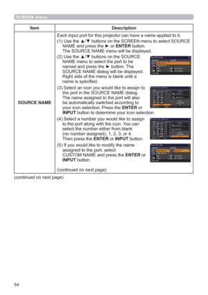 Page 5454
SCREEN menu
Item Description
SOURCE NAMEW

1$0(DQGSUHVVWKHyRUENTEREXWWRQ
7KH6285&(1$0(PHQXZLOOEHGLVSOD\HG
8VHWKHxzEXWWRQVRQWKH6285&(
1$0(PHQXWRVHOHFWWKHSRUWWREH
QDPHGDQGSUHVVWKHyEXWWRQ7KH
6285&(1$0(GLDORJZLOOEHGLVSOD\HG
5LJKWVLGHRIWKHPHQXLVEODQNXQWLOD
QDPHLVVSHFL¿HG
6HOHFWDQLFRQ\RXZRXOGOLNHWRDVVLJQWR
WKHSRUWLQWKH6285&(1$0(GLDORJ
7KHQDPHDVVLJQHGWRWKHSRUWZLOODOVR...