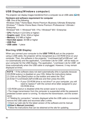 Page 9090
USB Display(Windows computer)
DDQ86%FDEOH12
:KHQ\RXFRQQHFW\RXUFRPSXWHUWRWKHUSB TYPE BSRUWRQWKHSURMHFWRU
GULYHRQ\RXU
FRPSXWHU7KHQWKHVRIWZDUHLQWKHSURMHFWRU