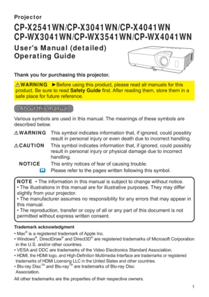 Page 11
Projector
Users Manual (detailed) 
Operating Guide
Thank you for purchasing this projector.

SURGXFW%HVXUHWRUHDGSafety Guide