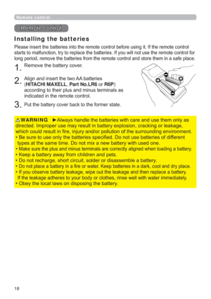 Page 1818
5HPRWHFRQWURO
Installing the batteries
JLW,IWKHUHPRWHFRQWURO
OQRWXVHWKHUHPRWHFRQWUROIRU
WRUHWKHPLQDVDIHSODFH
5HPRYHWKHEDWWHU\FRYHU
$OLJQDQGLQVHUWWKHWZR$$EDWWHULHV
(HITACHI MAXELLPart No.LR6RUR6P
DFFRUGLQJWRWKHLUSOXVDQGPLQXVWHUPLQDOVDV
LQGLFDWHGLQWKHUHPRWHFRQWURO
3XWWKHEDWWHU\FRYHUEDFNWRWKHIRUPHUVWDWH

JRUOHDNDJH
XQGLQJHQYLURQPHQW
‡VRIGLIIHUHQW

‡
HQORDGLQJDEDWWHU\
‡.HHSDEDWWHU\DZD\IURPFKLOGUHQDQGSHWV
‡
‡...