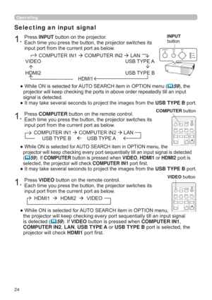 Page 2424
3UHVVINPUTEXWWRQRQWKHSURMHFWRU

LQSXWSRUWIURPWKHFXUUHQWSRUWDVEHORZ
Selecting an input signal
”:KLOH21LVVHOHFWHGIRU$8726($5&+LWHPLQ237,21PHQX59WKH
\WLOODQLQSXW
VLJQDOLVGHWHFWHG
USB TYPE BSRUW
&20387(5,1&20387(5,1/$1
86%7