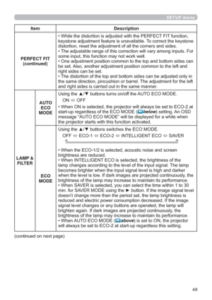 Page 4949
SETUP menu
Item Description
PERFECT FIT
(continued)