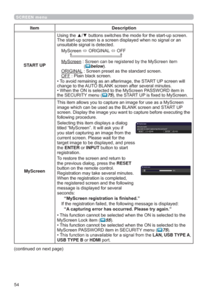 Page 5454
SCREEN menu
Item Description
START UP


XQVXLWDEOHVLJQDOLVGHWHFWHG
0\6FUHHQ
25,*,1$/
2))

0\6FUHHQ6FUHHQFDQEHUHJLVWHUHGE\WKH0\6FUHHQLWHP
(below25,*,1$/6FUHHQSUHVHWDVWKHVWDQGDUGVFUHHQ
OFF3ODLQEODFNVFUHHQ
