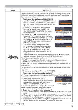 Page 7575
SECURITY menu
Item Description
MyScreen 
PASSWORD
7KH0\6FUHHQ3$66:25IXQFWLRQFDQEHXVHGWRSURKLELWDFFHVVWRWKH
LPDJH
IURPEHLQJRYHUZULWWHQ
1 Turning on the MyScreen PASSWORD8VHWKHxzEXWWRQVRQWKH6(&85,7