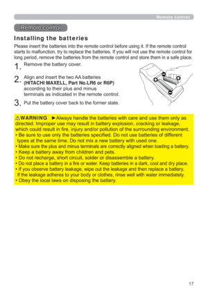 Page 1717
5HPRWHFRQWURO
Installing the batteries
JLW,IWKHUHPRWHFRQWURO
OQRWXVHWKHUHPRWHFRQWUROIRU
WRUHWKHPLQDVDIHSODFH
5HPRYHWKHEDWWHU\FRYHU
$OLJQDQGLQVHUWWKHWZR$$EDWWHULHV
(HITACHI MAXELL, Part No.LR6 or R6P)
DFFRUGLQJWRWKHLUSOXVDQGPLQXV
WHUPLQDOVDVLQGLFDWHGLQWKHUHPRWHFRQWURO
3XWWKHEDWWHU\FRYHUEDFNWRWKHIRUPHUVWDWH

JRUOHDNDJH
XQGLQJHQYLURQPHQW
‡VRIGLIIHUHQW

‡
HQORDGLQJDEDWWHU\
‡.HHSDEDWWHU\DZD\IURPFKLOGUHQDQGSHWV
‡...