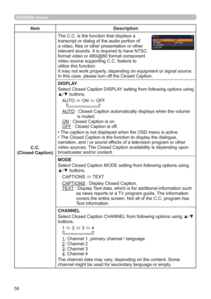 Page 5656
SCREEN menu
Item Description
C.C.
(Closed Caption)7KH&&LVWKHIXQFWLRQWKDWGLVSOD\VD
WUDQVFULSWRUGLDORJRIWKHDXGLRSRUWLRQRI
DYLGHR¿OHVRURWKHUSUHVHQWDWLRQRURWKHU
UHOHYDQWVRXQGV,WLVUHTXLUHGWRKDYH176&
IRUPDWYLGHRRUL#IRUPDWFRPSRQHQW
YLGHRVRXUFHVXSSRUWLQJ&&IHDWXUHWR
XWLOL]HWKLVIXQFWLRQ
,WPD\QRWZRUNSURSHUO\GHSHQGLQJRQHTXLSPHQWRUVLJQDOVRXUFH
,QWKLVFDVHSOHDVHWXUQRIIWKH&ORVHG&DSWLRQ
DISPLAY
6HOHFW&ORVHG&DSWLRQ,63/$