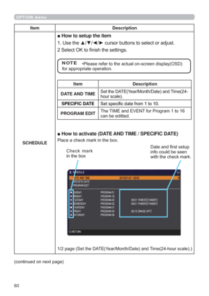 Page 6060
OPTION menu
6
IRUDSSURSULDWHRSHUDWLRQ
Item Description
SCHEDULE
vHow to setup the item

6HOHFW2.WR¿QLVKWKHVHWWLQJV
NOTE
Item Description
DATE AND TIME6HWWKH$7(