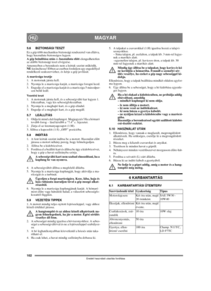 Page 102102
MAGYARHU
Eredeti használati utasítás fordítása
5.6 BIZTONSÁGI TESZT
Ez a gép több mechanikus biztonsági rendszerrel van ellátva, 
hogy használata biztonságos legyen.
A gép beindítása után és használata előtt elengedhetetlen 
az alábbi biztonsági teszt elvégzése.
Amennyiben a berendezés nem a leírtak szerint működik, 
NE üzemeltesse! Ebben az esetben forduljon egy engedéllyel 
rendelkező szakszervizhez, és kérje a gép javítását.
A marócsiga tesztje
1. A motornak járnia kell.
2. Nyomja le a marócsiga...