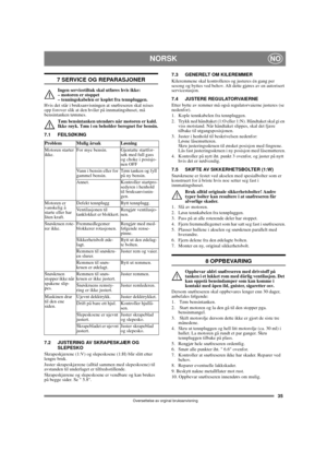 Page 3535
NORSKNO
Oversettelse av orginal bruksanvisning
7 SERVICE OG REPARASJONER
Ingen servicetiltak skal utføres hvis ikke: 
– motoren er stoppet 
– tenningskabelen er koplet fra tennpluggen.
Hvis det står i bruksanvisningen at snøfreseren skal reises 
opp forover slik at den hviler på innmatingshuset, må 
bensintanken tømmes.
Tøm bensintanken utendørs når motoren er kald. 
Ikke røyk. Tøm i en beholder beregnet for bensin.
7.1 FEILSØKING
7.2 JUSTERING AV SKRAPESKJÆR OG
SLEPESKO
Skrapeskjærene (1:V) og...