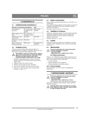Page 7777
POLSKIPL
Tumaczenie instrukcji oryginalnej
6 KONSERWACJA
6.1 HARMONOGRAM KONSERWACJI
6.2 WYMIANA OLEJU
Pierwszą wymianę oleju należy przeprowadzić po 5 
godzinach pracy, a następne co 20 godzin lub raz na sezon. 
Olej należy wymieniać, kiedy silnik jest ciepy.
Olej silnikowy może być bardzo gorący, jeśli jest 
spuszczany bezpośrednio po wyączeniu silnika. 
Dlatego przed spuszczeniem oleju należy 
pozostawić silnik na kilka minut, żeby ostyg.
1. Przechylić odśnieżarkę nieco na prawo, aby korek...