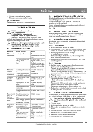 Page 9393
ČEŠTINACS
Překlad původního návodu k používání
• Napínací rameno hnacího řemenu
• Napínací rameno nabíracího šroubu
6.6.2 Převodovka
Žádné součásti převodovky se nemusí mazat. 
7 SERVIS A OPRAVY
Údržbu stroje lze provádìt teprve: 
- po vypnutí motoru, 
- vyjmutí klíèku ze zapalování, 
- odpojení kabelu od zapalovací svíèky.
Pokud je v pokynech uvedeno, že je stroj třeba 
naklonit dopředu a opřít o skříň nabíracího šroubu, musíte 
nejprve vyprázdnit palivovou nádrž.
Palivovou nádrž vyprazdòujte pouze...