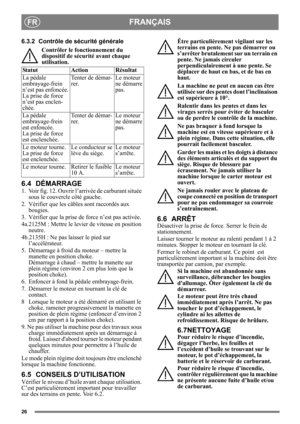 Page 2626
FRANÇAISFR
6.3.2 Contrôle de sécurité générale Contrôler le fonctionnement du 
dispositif de sécurité avant chaque 
utilisation.
6.4 DÉMARRAGE
1.  Voir fig. 12. Ouvrir l’arri vée de carburant située 
sous le couvercle côté gauche.
2.  Vérifier que les câbles sont raccordés aux  bougies.
3.  Vérifier que la prise de force n’est pas activée. 
4a.2125M : Mettre le levier  de vitesse en position 
neutre. 
4b.2135H : Ne pas laisser le pied sur  l’accélérateur. 
5.  Démarrage à froid du moteur – mettre la...