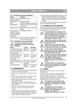 Page 1313
FR
Traduction de la notice originale
7.3.1 Contrôle de sécurité générale 
7.3.2 Contrôle de sé curité générale 
Contrôler le fonctionnement du 
dispositif de sécu rité avant chaque 
utilisation.
7.4 DÉMARRAGE1. Voir fig. 10. Ouvrir l’ar rivée de carburant située 
sous le couvercle côté gauche.
2.  Vérifier que les câble s sont raccordés aux bou-
gies.
3.  Vérifier que la prise  de force n’est pas activée. 
4.  Ne pas laisser le pi ed sur l’accélérateur. 
5.  Démarrage à froid du moteur – mettre la...