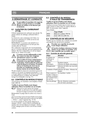 Page 3030
FRANÇAISFR
6 DÉMARRAGE ET CONDUITE
Ne pas utiliser la machine si le capot du 
moteur n’est pas fermé et verrouillé. 
Risque de brûlure et de blessure par 
écrasement.
6.1 AJOUTER DU CARBURANT (17:Q)
Utiliser uniquement du carburant sans plomb. Ne 
jamais utiliser de mélange carburant-huile 2 
temps.
Le réservoir a une contenance de 6 litres. Le 
niveau de carburant est visible au travers du 
réservoir transparent.
REMARQUE ! L’essence sans plomb ne se 
conserve pas indéfiniment et ne doit pas être...