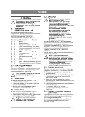 Page 7171
РУССКИЙRU
3 СБОРКА
Во  избежание  травм  и  повреждения  
оборудования  запрещается  
эксплуатировать  машину  до  
выполнения  всех  указаний  данного  
документа .
3.1КОМПЛЕКТ  
ПРИНАДЛЕЖНОСТЕЙ
В  комп л екте  машины  поставляется  
пластиковый  футляр  с  компонентами , которые  
необходимо  установить  до  начала  
эксплуатации  машины . В ком п ле кт  
принадлежностей  входят (см . рис . 1):
Поз .Номер .Обозначение Размер
A1 K люч
B1 Запасной ключ
C2 Натяжной штифт 6 x 36
D1 Прокладочная  шайба...