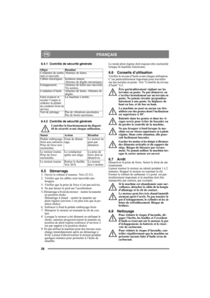 Page 2828
FRANÇAISFR
6.4.1 Contrôle de sécurité générale 
6.4.2 Contrôle de sécurité générale 
Contrôler le fonctionnement du disposi-
tif de sécurité avant chaque utilisation.
6.5 Démarrage1.  Ouvrir le robinet d’essence. Voir (21:U).
2.  Vérifier que les câbles sont raccordés aux 
bougies.
3.  Vérifier que la prise de force n’est pas activée. 
4. Ne pas laisser le pied sur l’accélérateur. 
5. Démarrage à froid du moteur – mettre la manette 
en position choke. 
Démarrage à chaud – mettre la manette sur 
plein...