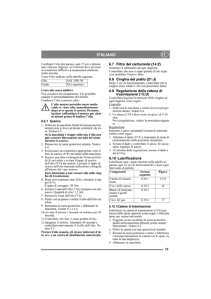 Page 1313
ITALIANOIT
Cambiare l’olio più spesso, ogni 25 ore o almeno 
una volta per stagione, se il motore deve lavorare 
in condizioni difficili o a temperatura ambiente 
molto elevata.
Usare lolio indicato nella tabella seguente.
Usare olio senza additivi.
Non eccedere nel riempimento. Ciò potrebbe 
causare il surriscaldamento del motore. 
Cambiare l’olio a motore caldo.
L’olio motore potrebbe essere molto 
caldo se viene tolto immediatamente 
dopo aver spento il motore. Pertanto, 
lasciare raffreddare il...