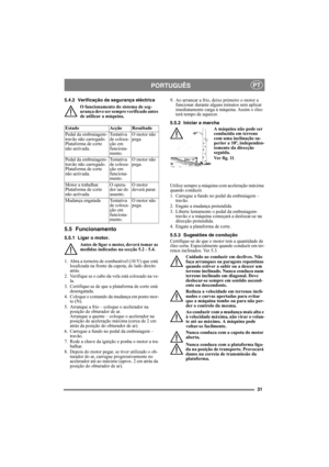 Page 3131
PORTUGUÊSPT
5.4.2 Verificação da segurança eléctrica
O funcionamento do sistema de seg-
urança deve ser sempre verificado antes 
de utilizar a máquina.
5.5 Funcionamento
5.5.1 Ligar o motor.
Antes de ligar o motor, deverá tomar as 
medidas indicadas na secção 5.2 - 5.4.
1.  Abra a torneira de combustível (10:V) que está 
localizada na frente da capota, do lado direito 
atrás.
2.  Verifique se o cabo da vela está colocado na ve-
la.
3.  Certifique-se de que a plataforma de corte está 
desengatada. 
4....