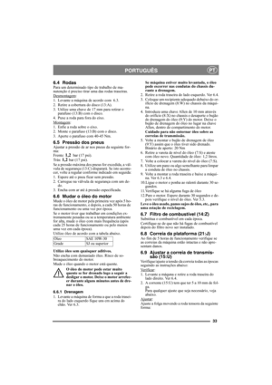 Page 3333
PORTUGUÊSPT
6.4 RodasPara um determinado tipo de trabalho de ma-
nutenção é preciso tirar uma das rodas traseiras. 
Desmontagem
:
1. Levante a máquina de acordo com  6.3.
2. Retire a cobertura do disco (13:A).
3. Utilize uma chave de 17 mm para retirar o 
parafuso (13:B) com o disco.
4. Puxe a roda para fora do eixo.
Montagem
:
1. Enfie a roda sobre o eixo.
2. Monte o parafuso (13:B) com o disco.
3. Aperte o parafuso com 40-45 Nm.
6.5 Pressão dos pneusAjustar a pressão de ar nos pneus da seguinte...