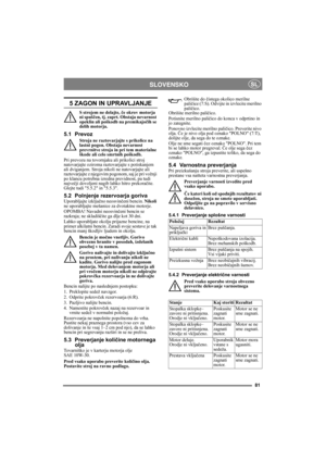 Page 8181
SLOVENSKOSL
5 ZAGON IN UPRAVLJANJE
S strojem ne delajte, če okrov motorja 
ni spuščen, tj. zaprt. Obstaja nevarnost 
opeklin ali poškodb na premikajočih se 
delih motorja.
5.1 Prevoz
Stroja ne raztovarjajte s prikolice na 
lastni pogon. Obstaja nevarnost 
prevrnitve stroja in pri tem materialne 
škode ali celo smrtnih poškodb. 
Pri prevozu na tovornjaku ali prikolici stroj 
natovarjajte oziroma raztovarjajte s potiskanjem 
ali dviganjem. Stroja nikoli ne natovarjajte ali 
raztovarjajte z njegovim...