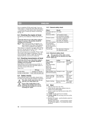 Page 1414
ENGLISHEN
Never completely fill the petrol tank. Leave an 
empty space (= at least the entire filler tube plus 1 
- 2 cm at the top of the tank) to allow the petrol to 
expand when it warms up without overflowing. 
See fig. 16.
6.2 Checking the engine oil levelOn delivery, the crankcase is filled with SAE 30 
oil.
Check the oil level every time before using to 
ensure it is correct. The machine should be 
standing on level ground.
Wipe clean around the oil dipstick. Un-
screw and pull it up. Wipe off...